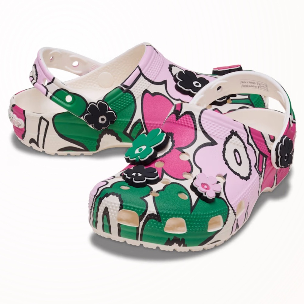 Marimekko CROCS Pink and Green Floral Mules with Classic Comfort